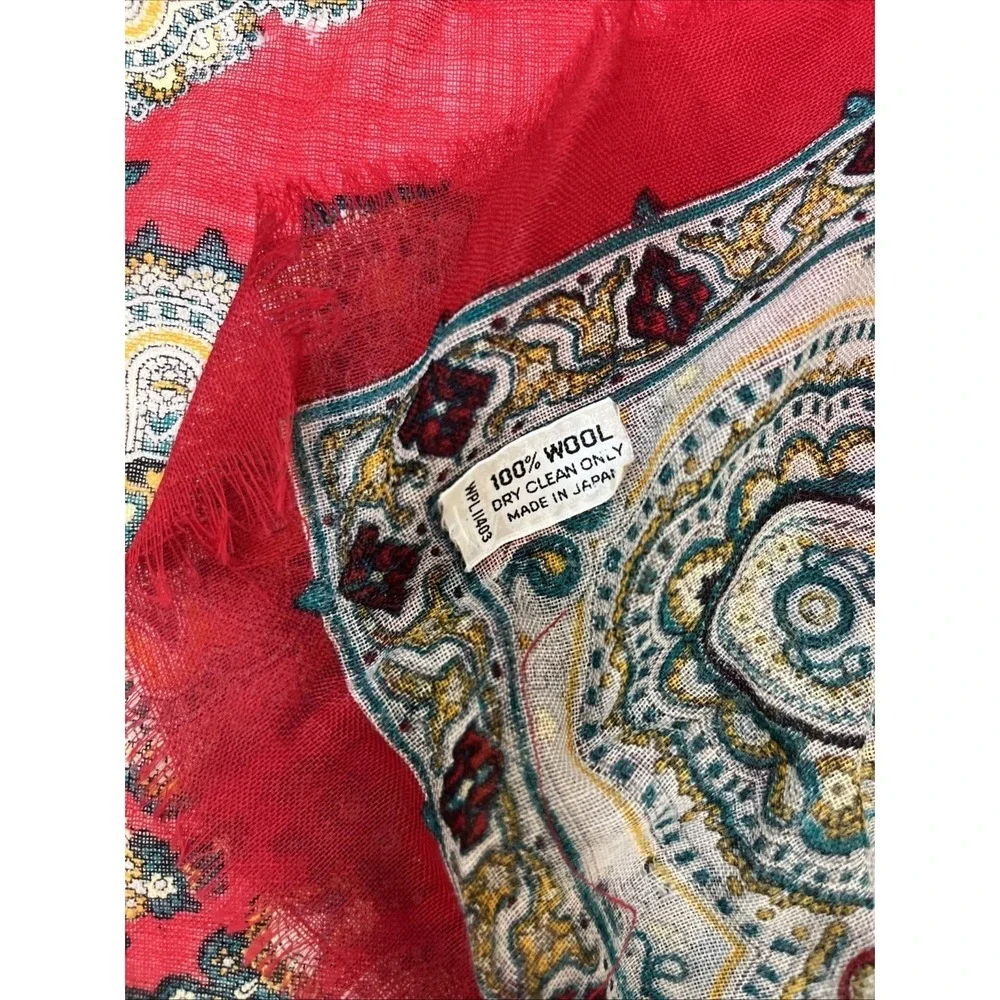 Vintage 100% Wool Paisley Scarf Red Multi Color Square Made in Japan Fringed